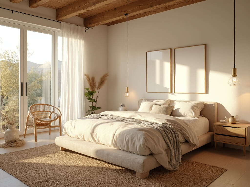 "Sunlit modern bedroom with a low-profile platform bed, white oak nightstands, floor-to-ceiling windows, and neutral decor emphasizing natural materials and textures."