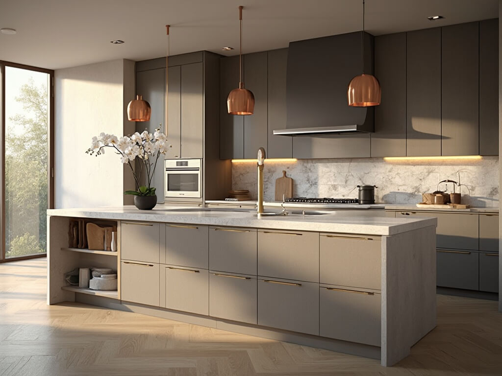 "Luxurious modern kitchen with dark taupe cabinets, white quartz countertops, and brass accents in warm golden sunlight"