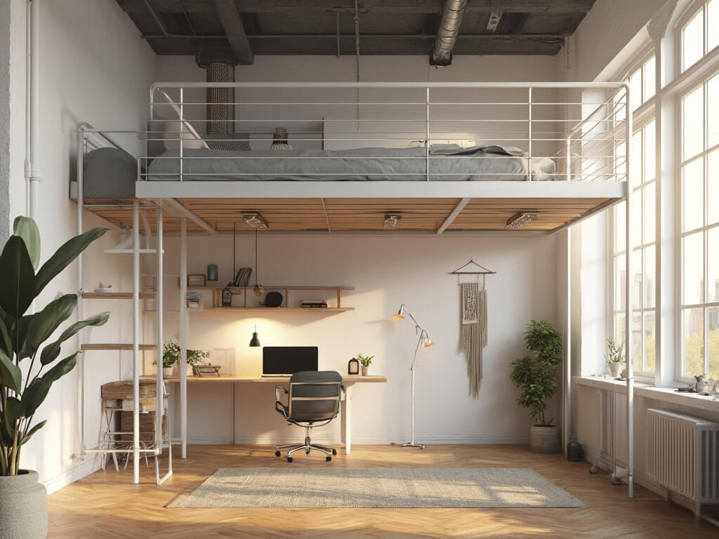 "Modern loft apartment with queen-sized loft bed, minimalist workspace underneath, high ceilings, and warm wooden flooring, bathed in golden sunlight from industrial windows"