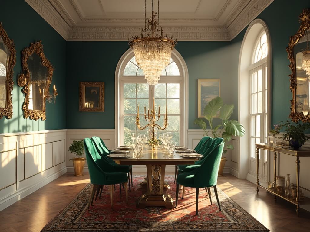 "Modern Victorian dining room with navy walls, ornate molding, emerald velvet chairs, brass accents, and cinematic lighting"