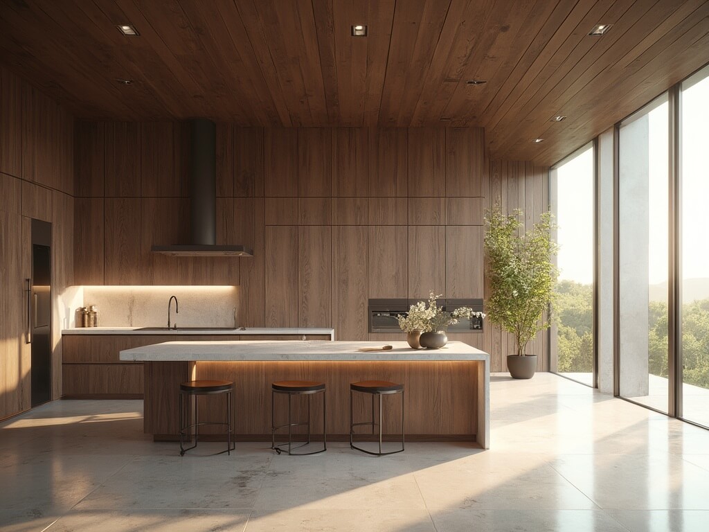"Spacious minimalist kitchen with dark walnut cabinets, white quartz island, and natural light from floor-to-ceiling windows"