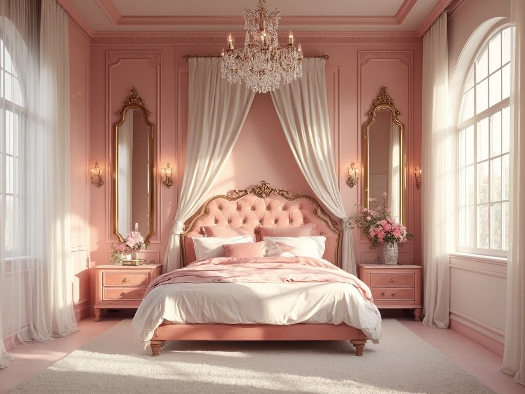 "Luxurious pink fantasy bedroom with velvet canopy bed, vintage crystal chandelier, and gold accents during golden hour"