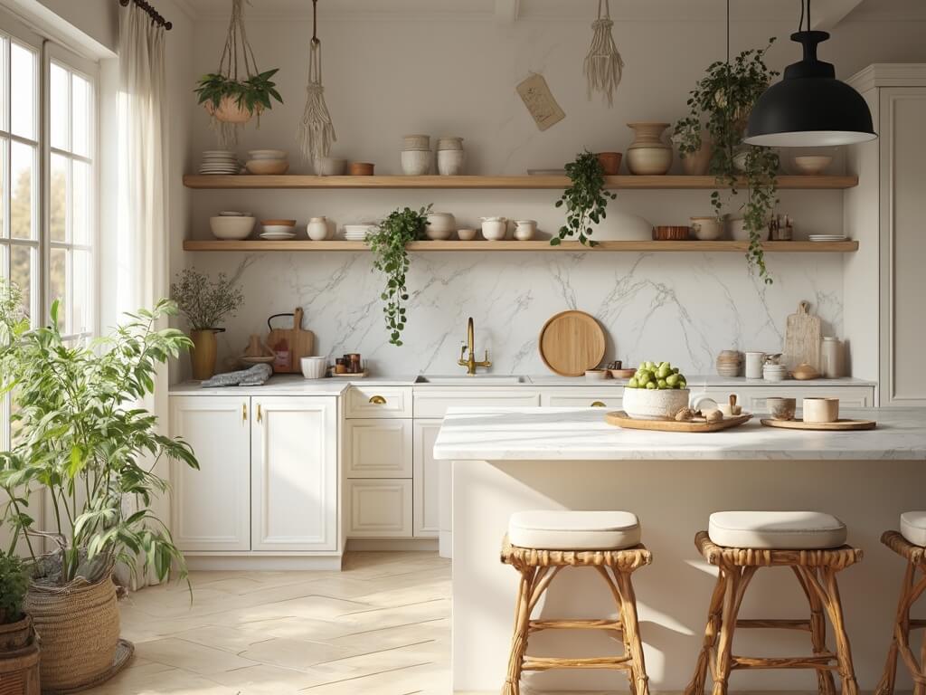 "Scandinavian-Bohemian kitchen with morning sunlight, white oak herringbone floors, marble waterfall island, rattan barstools, and open-shelving display of ceramics and pottery."
