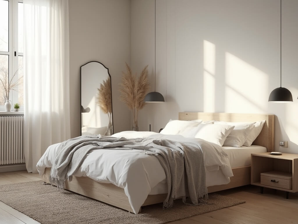 "Scandinavian bedroom bathed in soft morning light with minimalist oak furniture, white linen bedding, and hygge atmosphere."