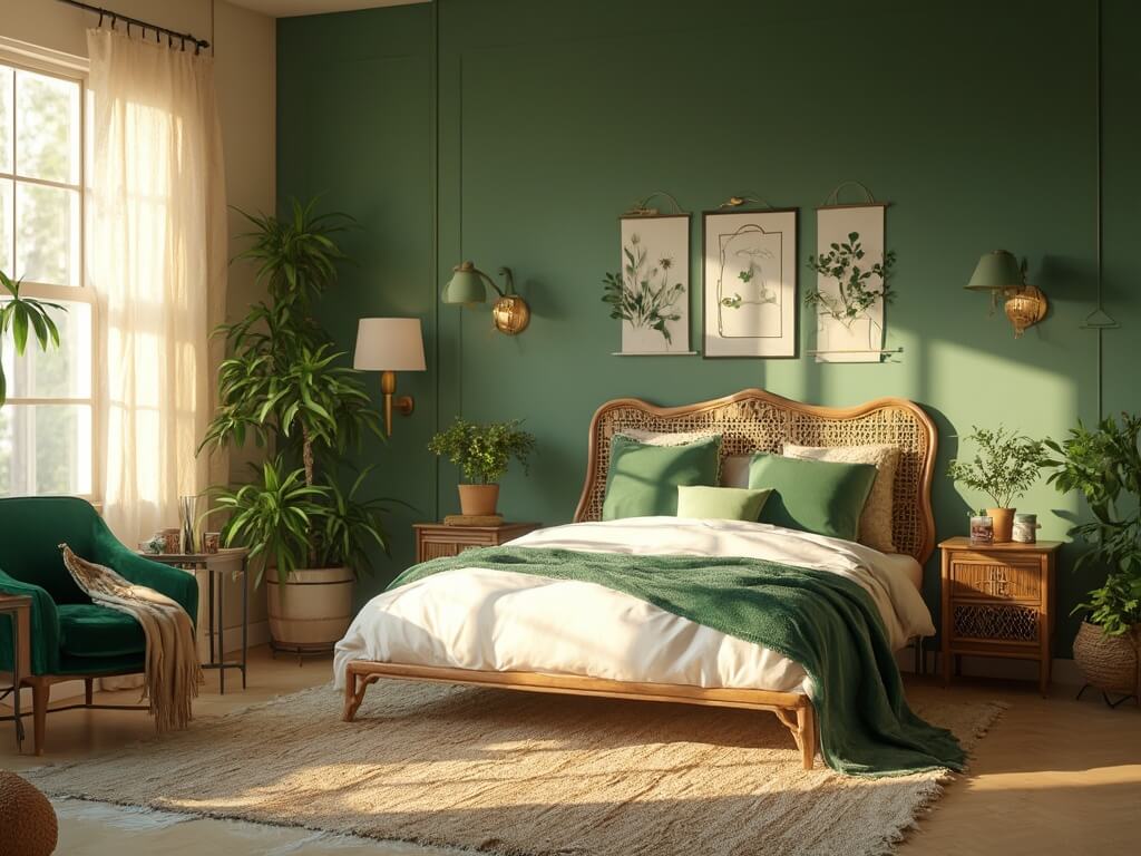 "Boho-style bedroom with sage green accent wall, vintage rattan bed, emerald velvet accents, indoor plants, handwoven rugs and vintage décor bathed in golden sunlight."