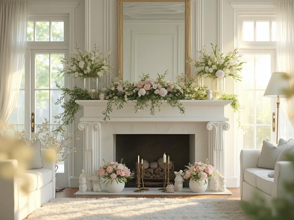 "Elegant springtime decor on a white fireplace mantel featuring mirror, crystal vases with fresh flowers, vintage milk glass containers with pastel eggs, and ceramic bunnies, in a grand living room bathed in natural sunlight"
