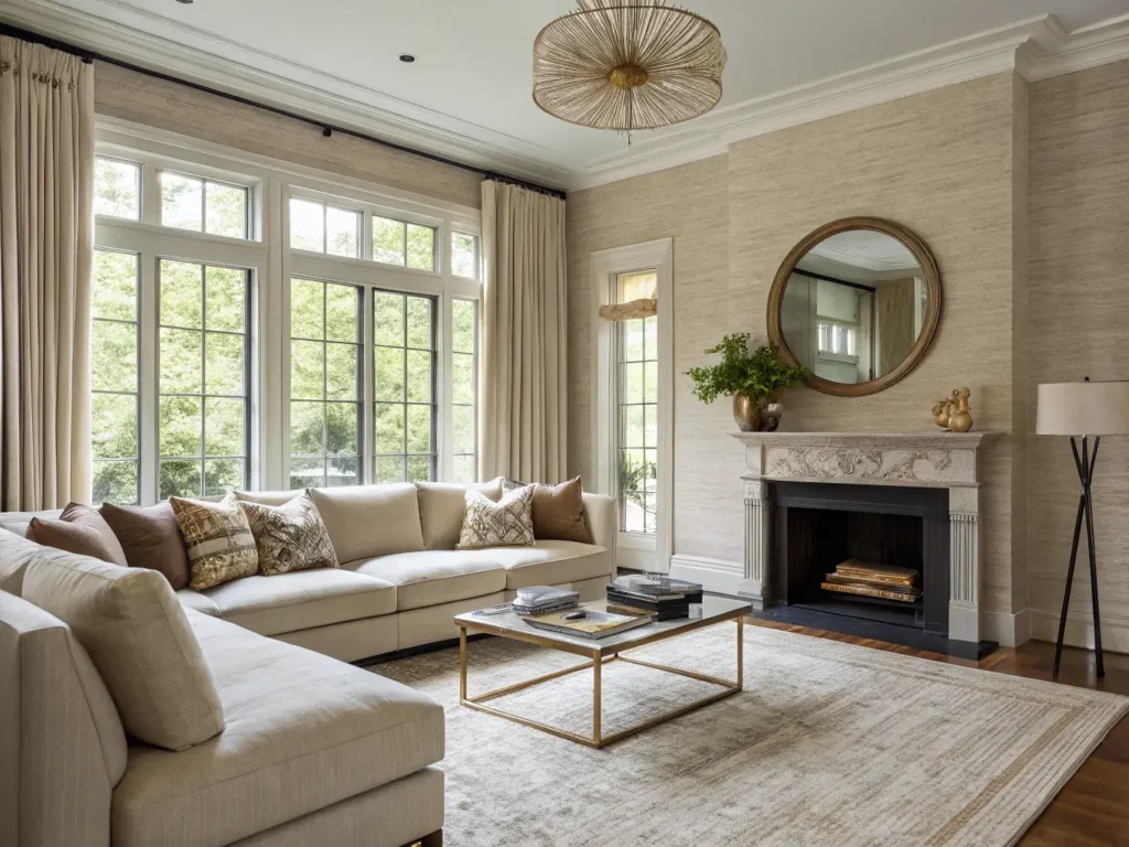 "Luxurious taupe living room with floor-to-ceiling windows, cream sectional sofa, vintage brass mirror above fireplace, and curated gallery wall"