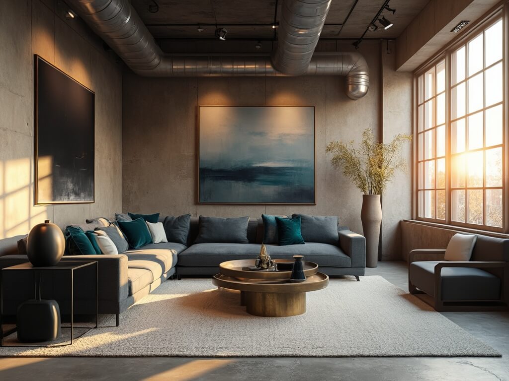 "Luxurious urban loft living room with high concrete ceilings, floor-to-ceiling windows, and chic industrial decor during golden hour"