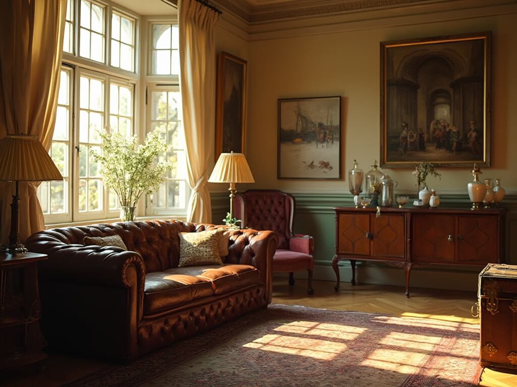 "Vintage living room bathed in golden hour light featuring a brown Chesterfield sofa, antique brass lamps, Persian rug, tall bay windows with ivory curtains, and mahogany sideboard"
