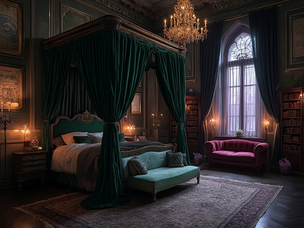 "Dramatic Victorian-inspired room with emerald velvet canopy bed, vintage astronomical charts, ornate mirrors, crystal chandelier, Persian rugs, mahogany bookshelf, and celestial objects in cinematic lighting"