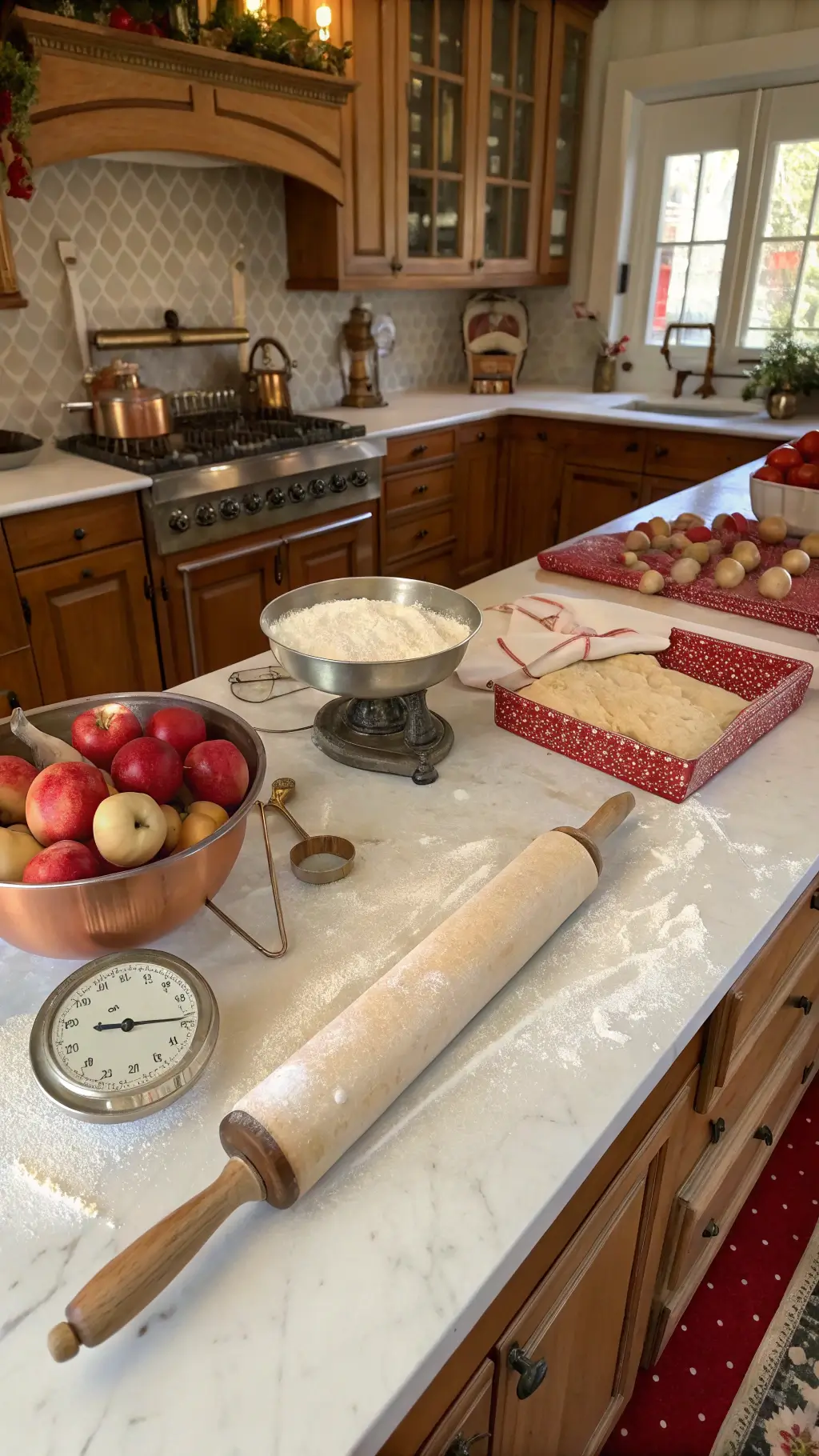 Aerial view of a busy 16x20ft kitchen during holiday preparation with marble topped island, vintage scale with apples, oak cabinets, red and cream quilted textiles, copper moulds on walls and a blend of natural and task lighting.