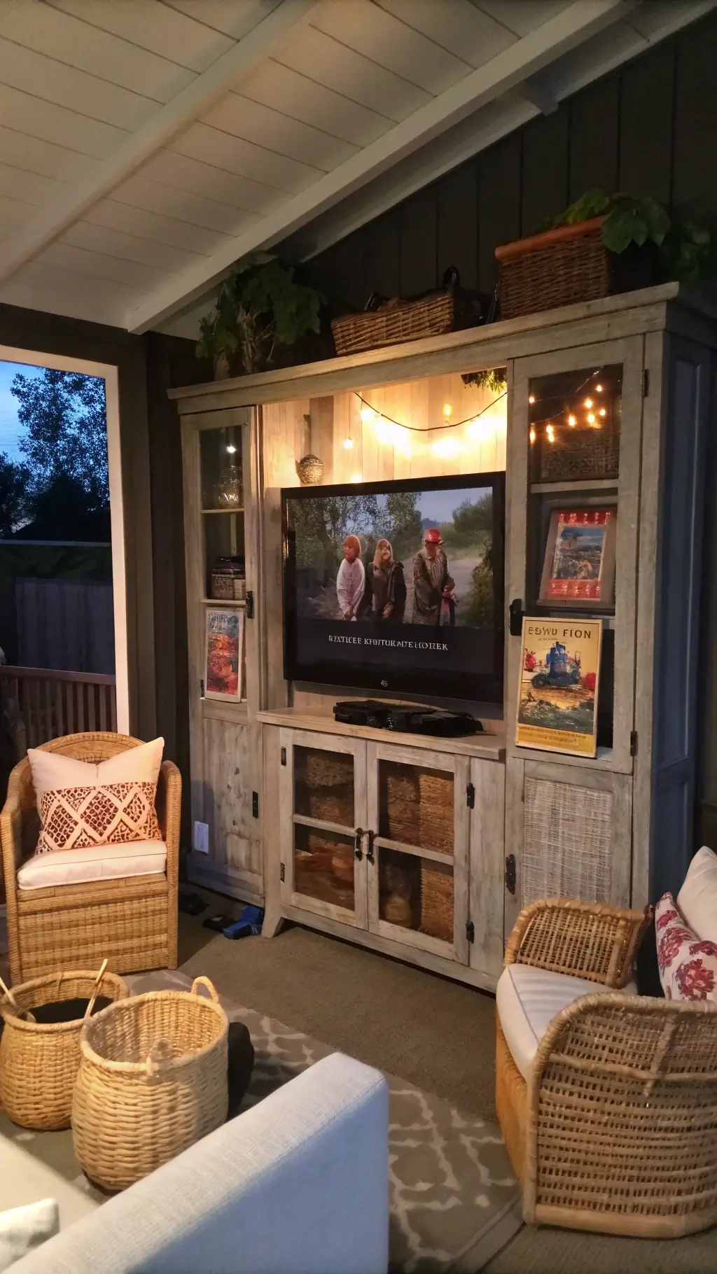 Twilight view of a 22x26ft living room entertainment zone featuring a distressed media cabinet with chicken wire doors, vintage movie posters in simple frames, cotton duck chairs with grain-sack pillows, and woven baskets filled with throws, color palette of natural linen, black, and warm wood.