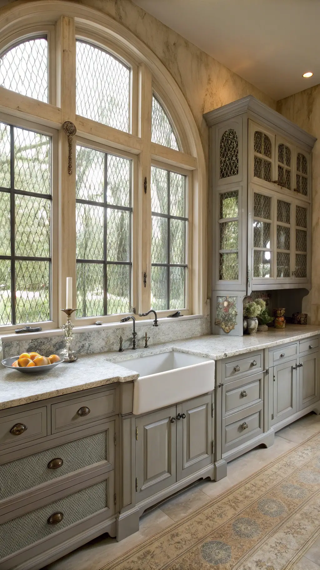 Late afternoon sunlight streaming into a spacious kitchen with dove gray painted cabinets, chicken wire inserts, vintage glass knobs, a large stone farm sink under casement windows with toile cafe curtains, and antiques displayed on hand-troweled plaster walls.