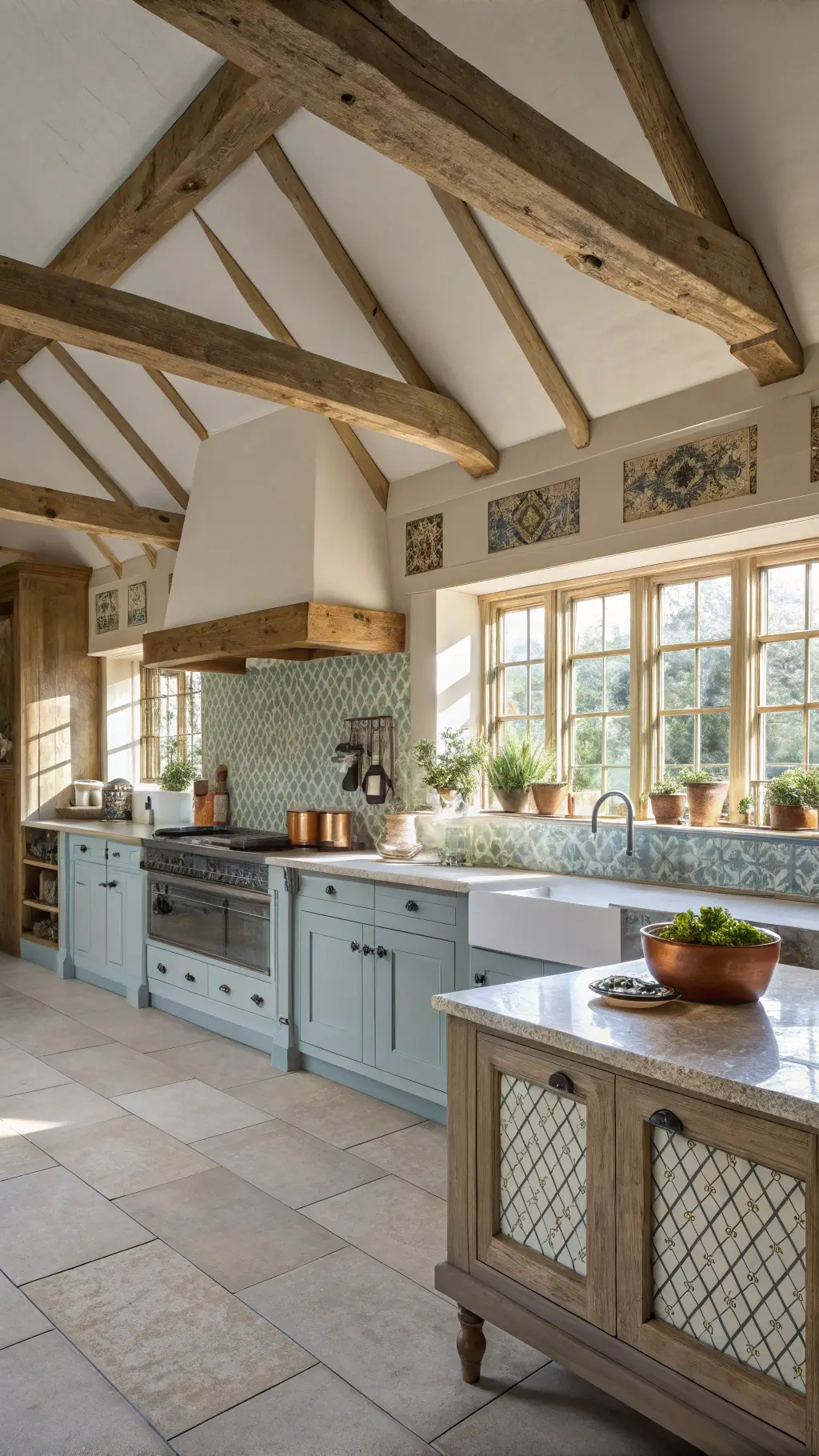 Sunlit rustic kitchen with oak beams, limestone island, blue-gray cabinets, and copper pots