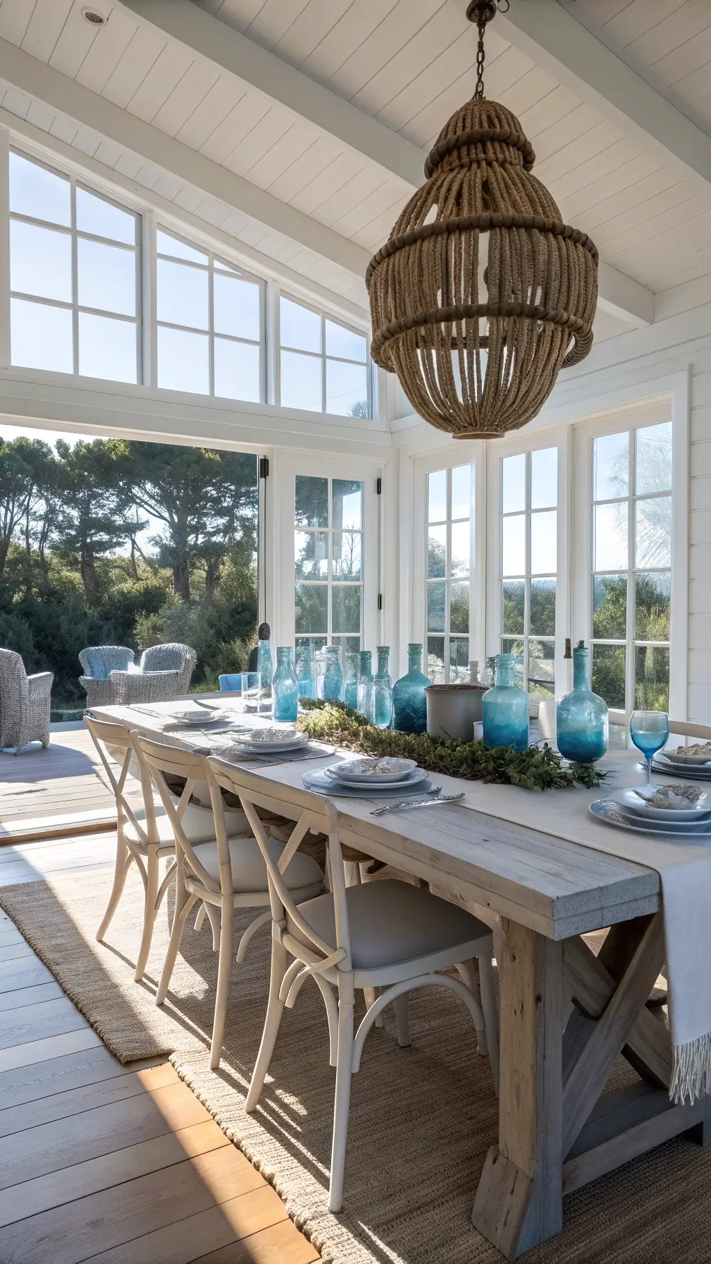 Bright, spacious dining room with whitewashed trestle table, linen runners, blue glass vessels, mixed seating, and a large rope chandelier, bathed in afternoon sun.