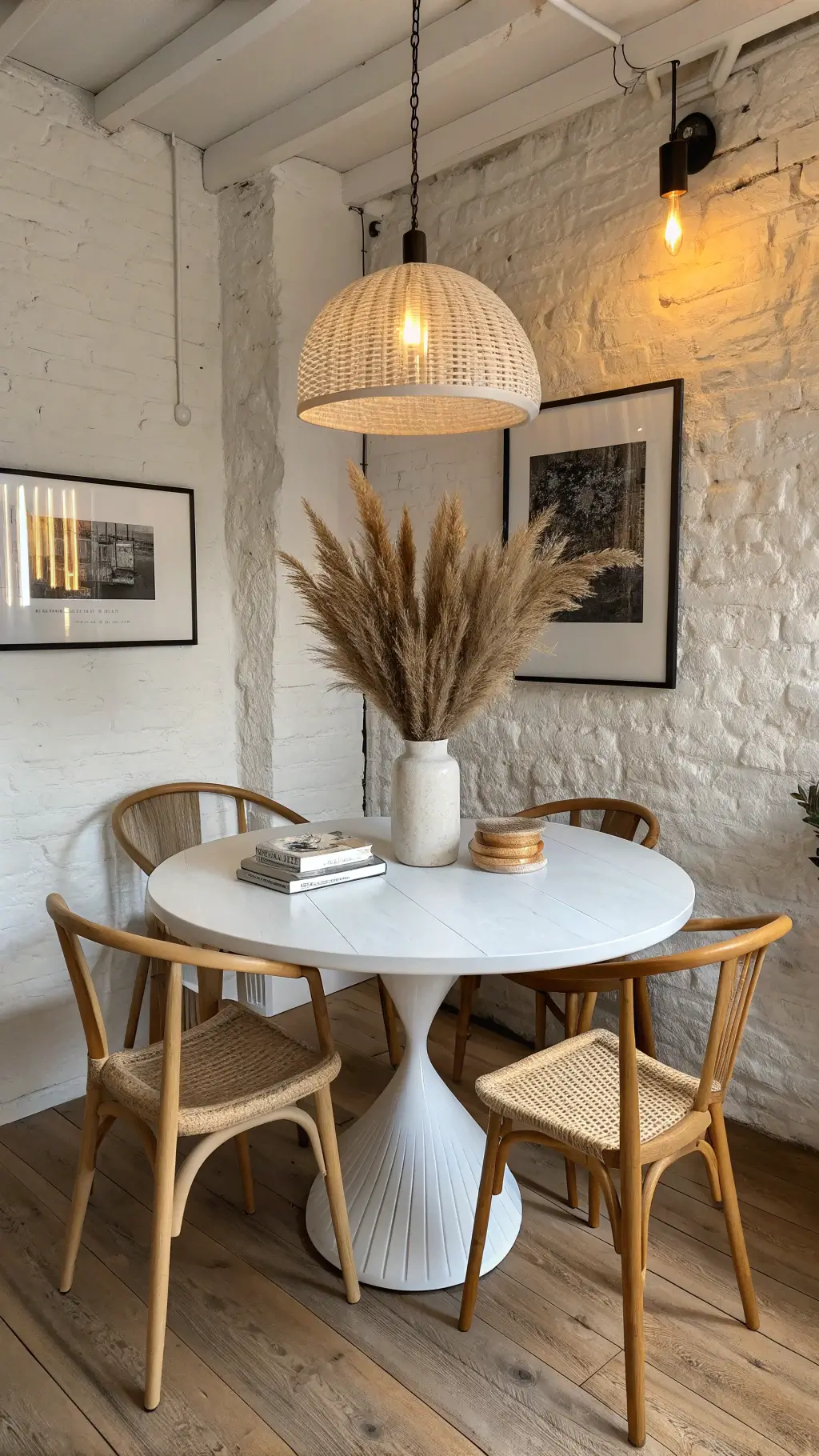 Compact dining area featuring a round white oak table, wishbone chairs, dramatic pendant lighting, and a white ceramic vase with pampas grass. A black-framed artwork adds interest to the textured white wall. The shot highlights table setting with a warm golden hour light casting dramatic shadows.