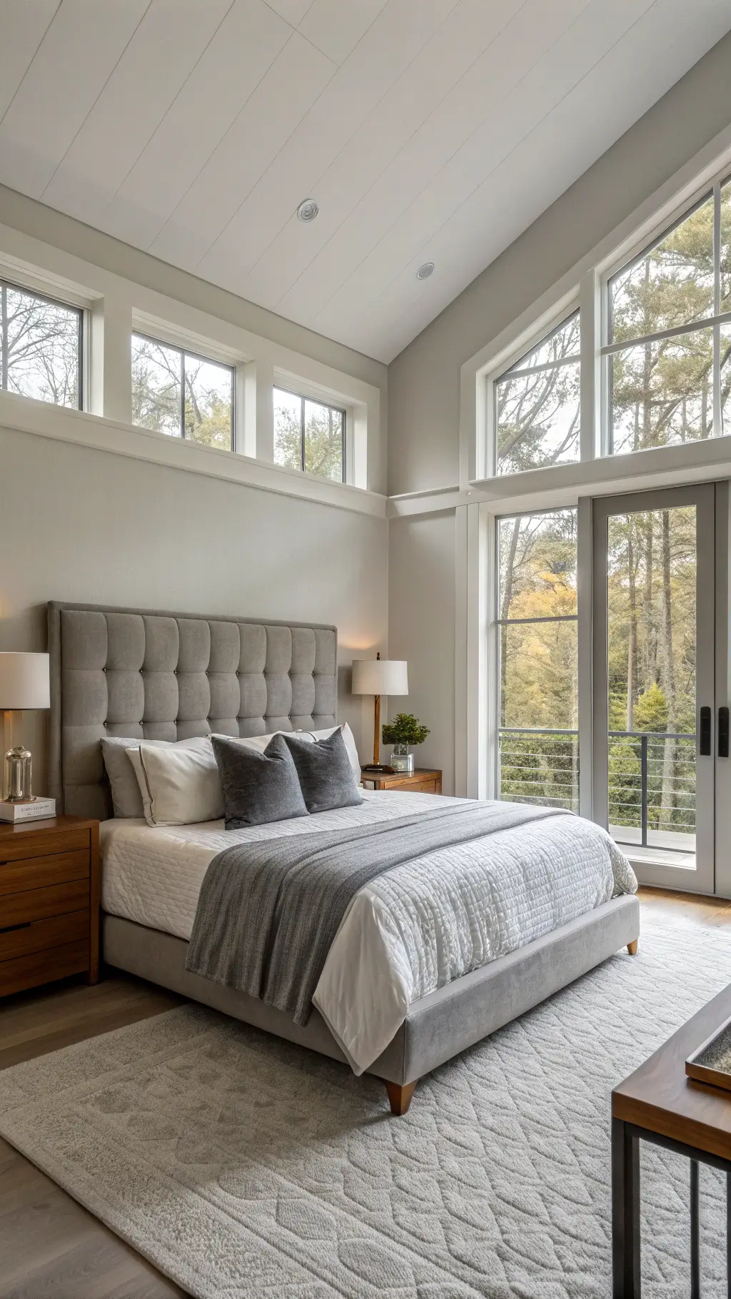 Spacious 14x16ft bedroom with morning light streaming through floor-to-ceiling windows, king-size bed with stone-colored linens, white ceramic table lamps on floating walnut nightstands, and walls painted in Gray Owl by Benjamin Moore.