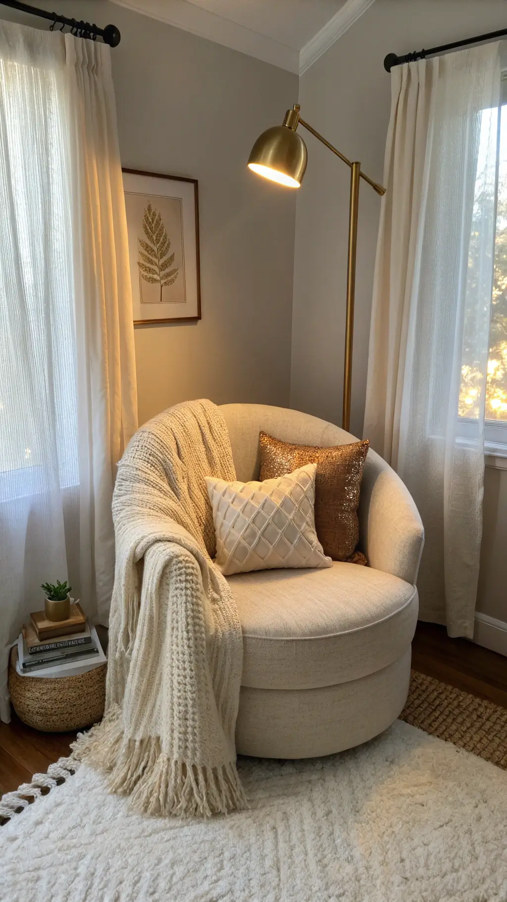 Cozy reading nook in a small bedroom with cream boucle armchair, brass floor lamp, and assorted textured accents in soft golden hour light