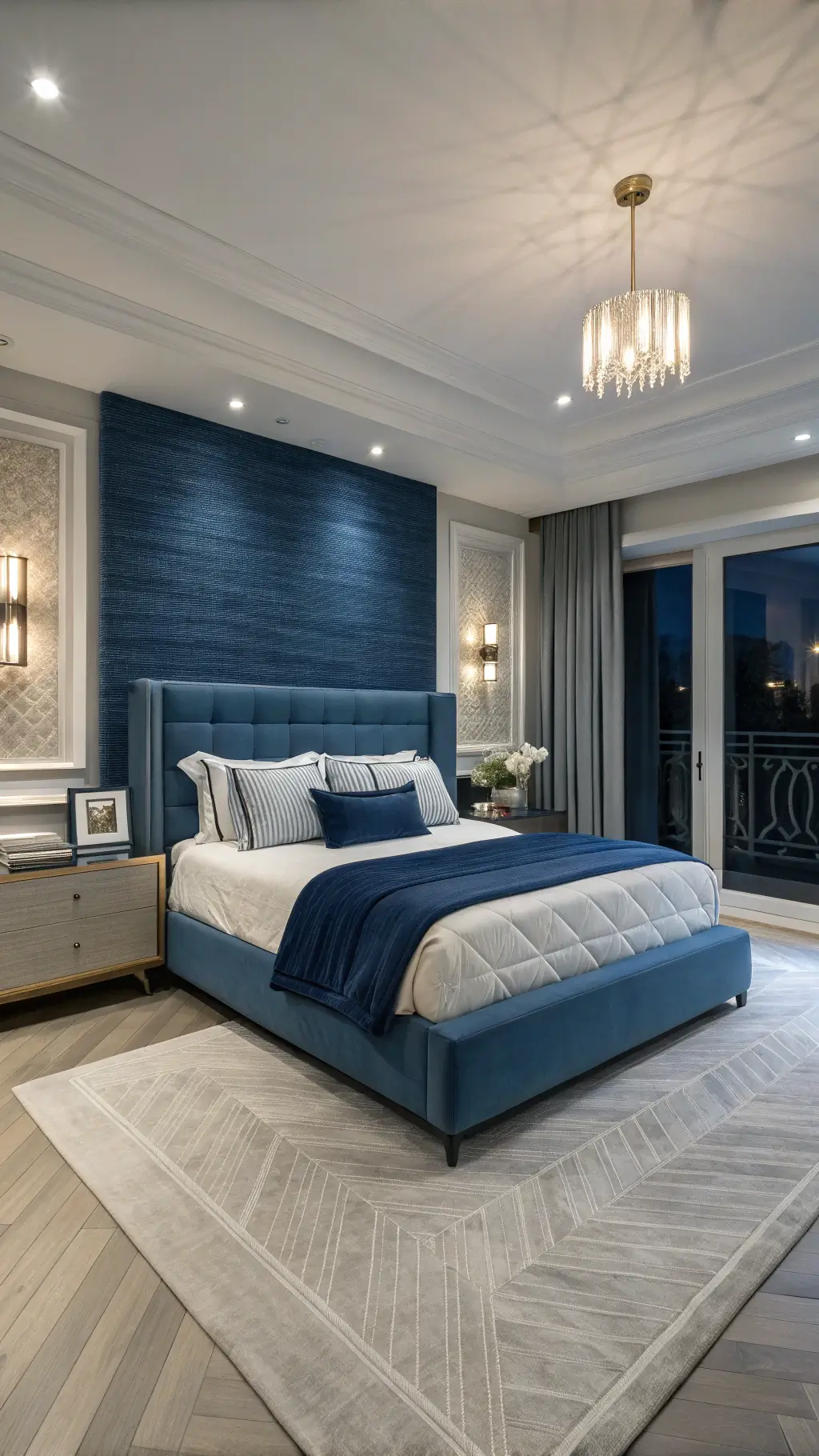 Modern primary bedroom with monochromatic blue design featuring navy grasscloth wallpaper, powder blue linen queen bed, indigo and azure bedding, chrome and glass accessories, white oak herringbone floors and cool ambient lighting at dusk.