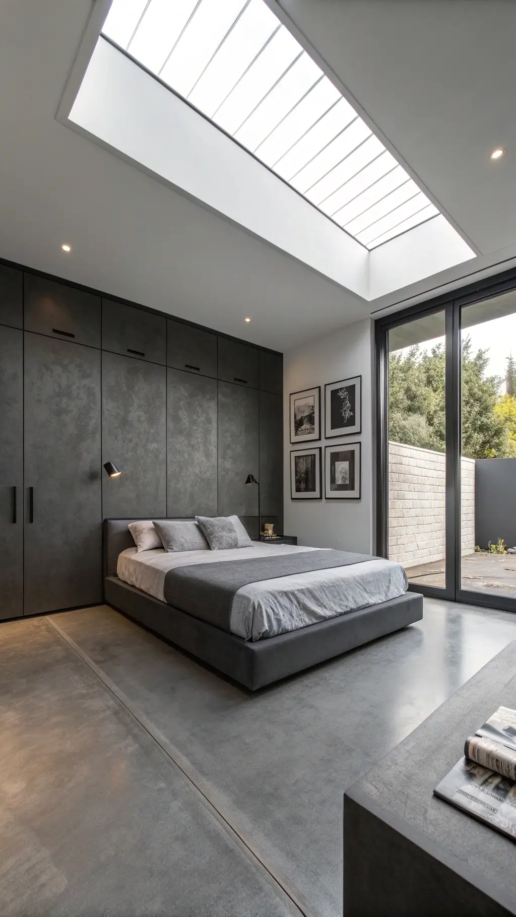 Minimalist 15x15ft bedroom with platform bed, built-in wardrobes, polished concrete floors and gallery wall, illuminated by natural light from skylight and high-key lighting, shot from corner to emphasize spatial geometry and architecture
