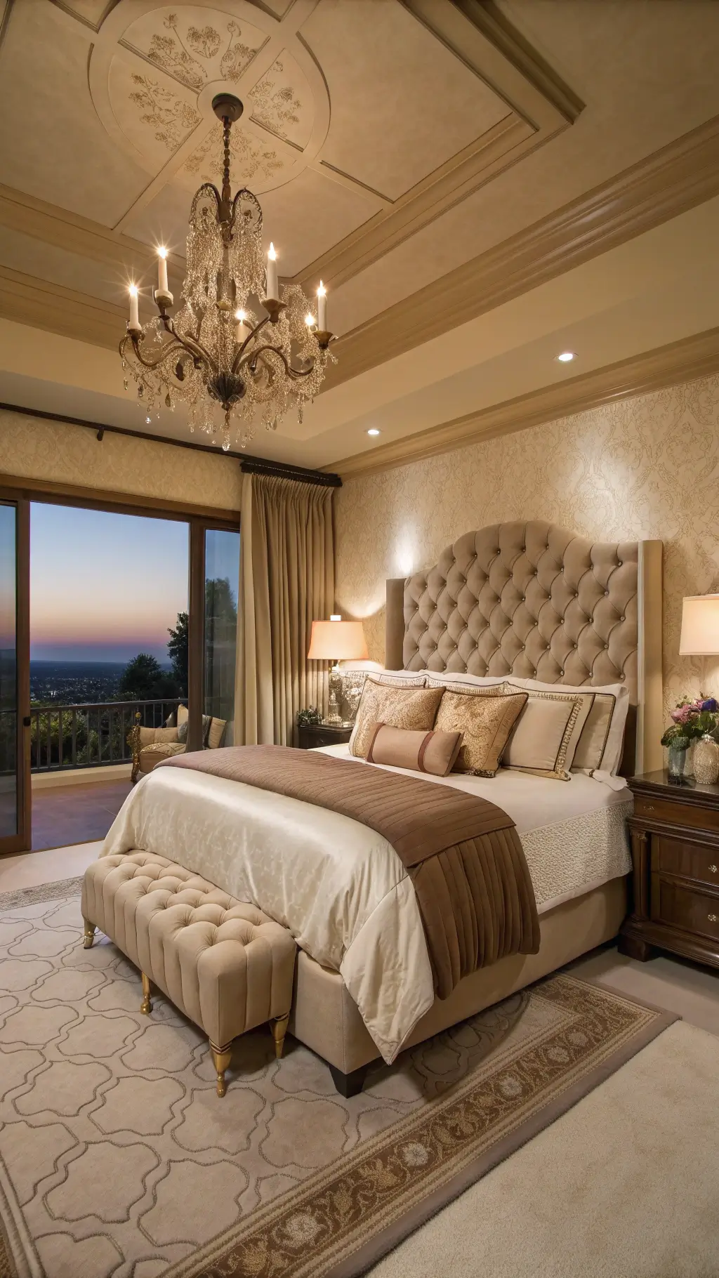 Luxurious 18x20ft twilight bedroom with California king bed, warm neutral palette decor, antique brass accents, Venetian plaster walls, and crystal chandelier.