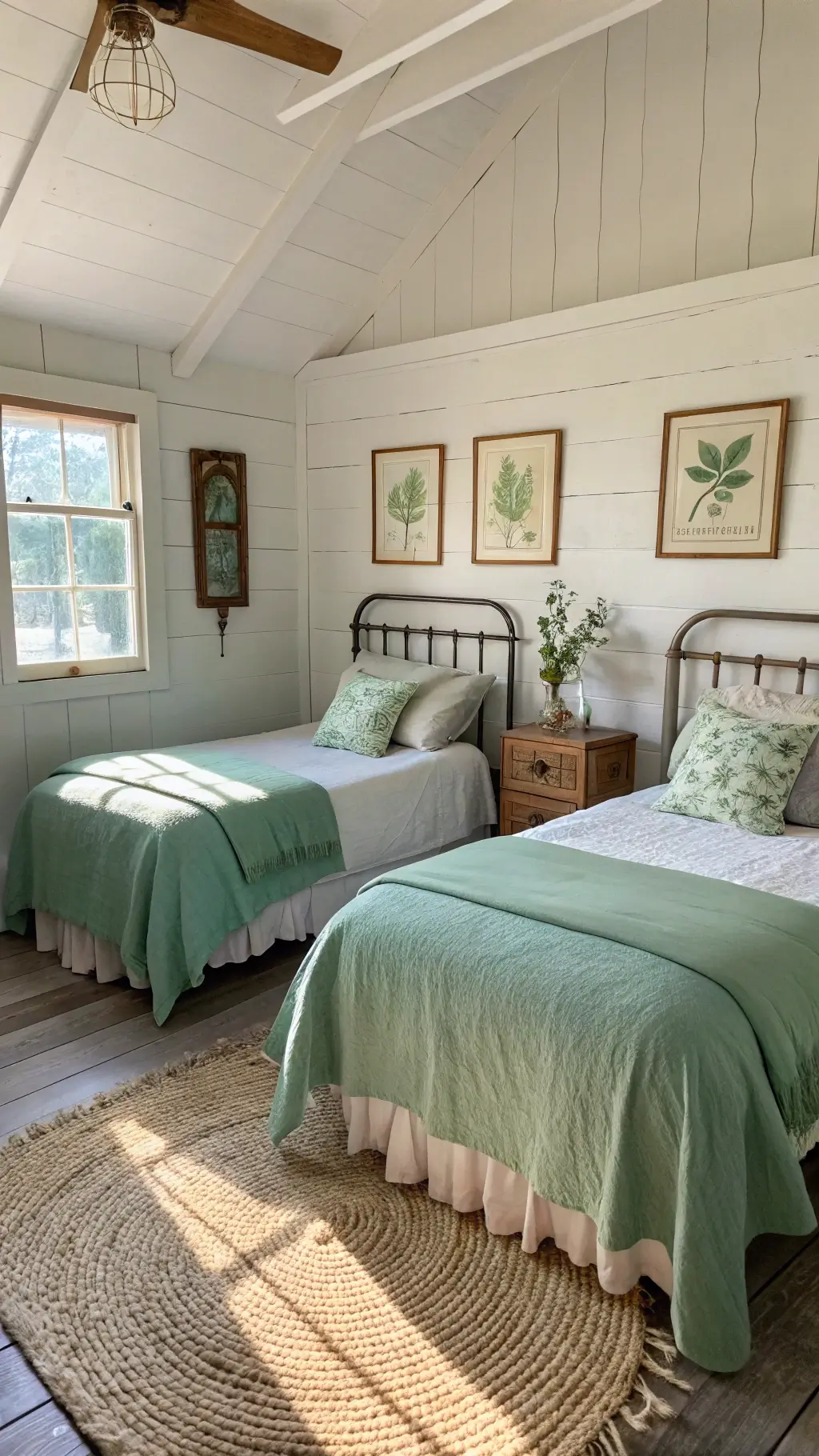 Cozy 10x12ft bedroom with twin beds dressed in sage green linens, vintage brass bed frames, a celadon natural fiber rug, botanical prints in weathered frames, and afternoon sunlight filtering through gauzy curtains.