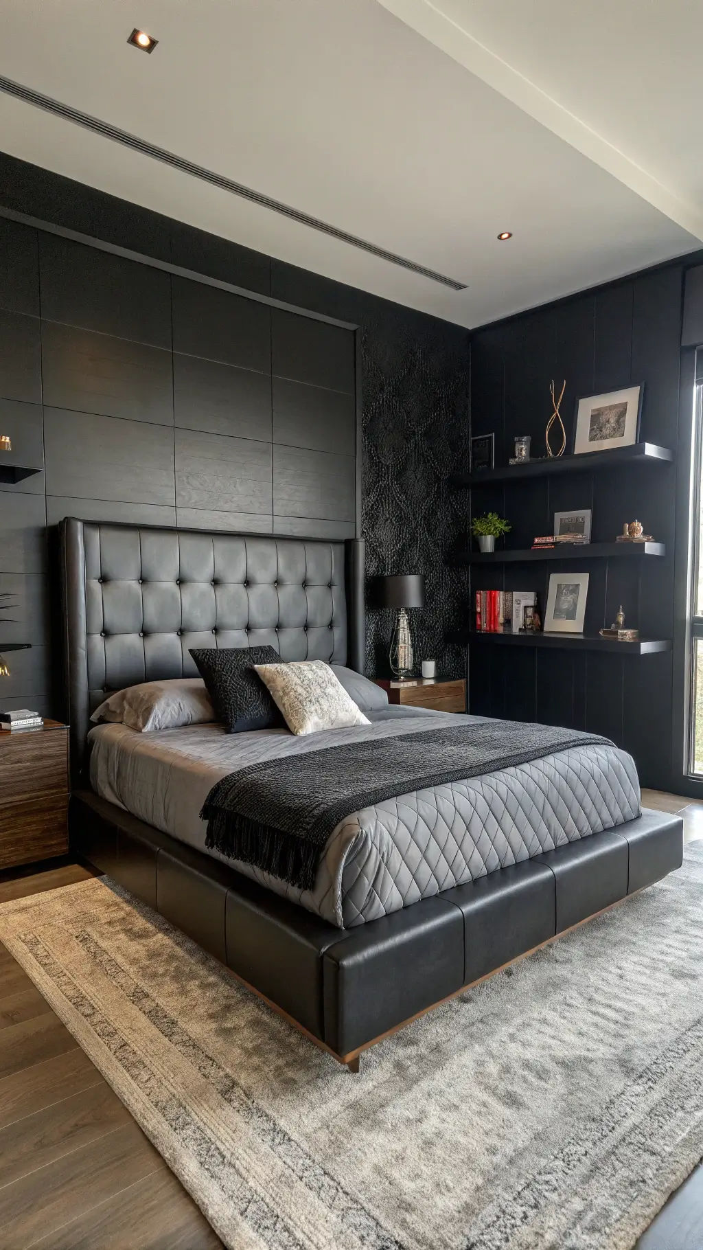 Symmetrical shot of a contemporary 16x14ft bedroom at sunrise showcasing monochromatic black scheme, with ebony-stained wood platform bed, black leather headboard, charcoal to jet black layered bedding, matte black accent wall with glossy black floating shelves, and dramatic side lighting causing sharp shadows.