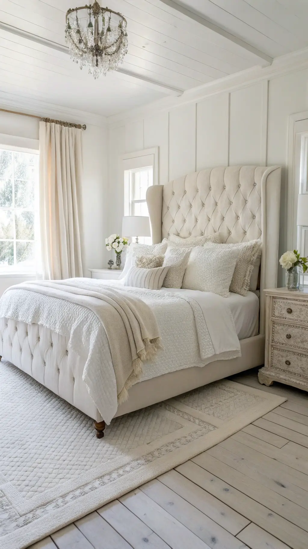 Ethereal white-on-white designed bedroom with ivory linen upholstered wingback bed and layers of white bedding in various textures on whitewashed wood floors, adorned with crystal and mercury glass accents under bright, even lighting.