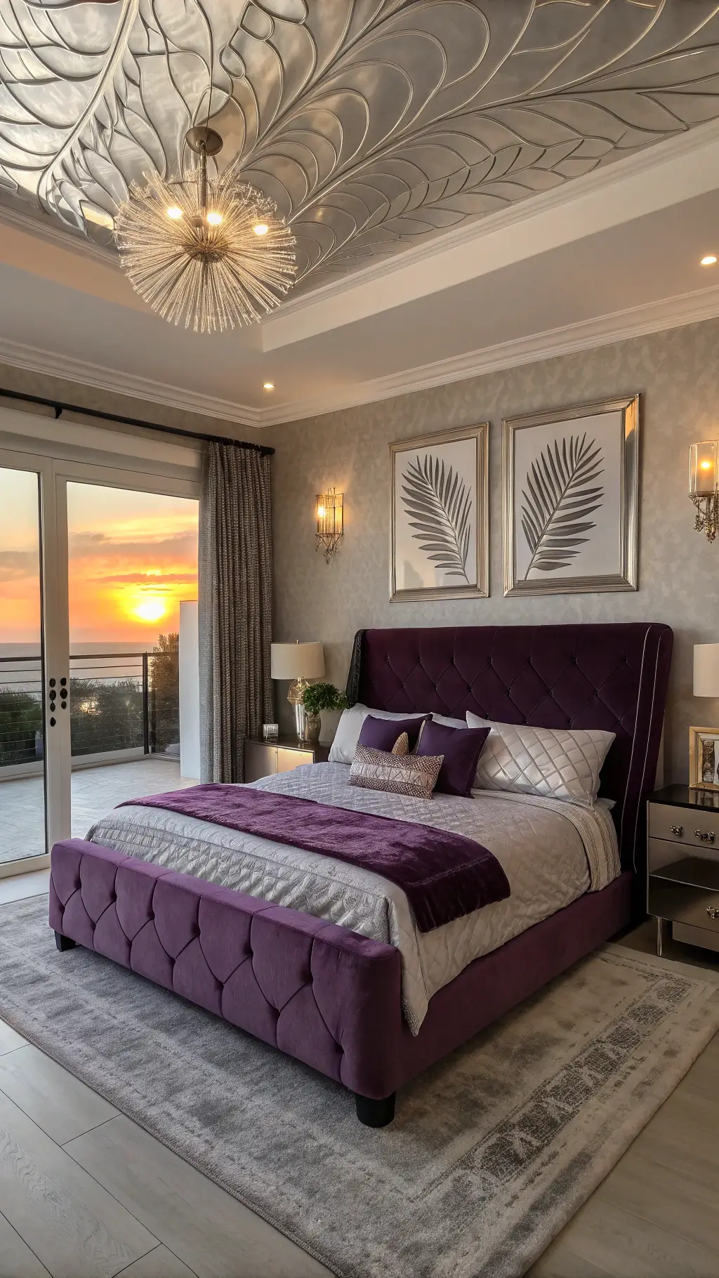 Sophisticated 14x16ft bedroom bathed in sunset glow, featuring purple-toned bedding on aubergine velvet bed, silver-leaf ceiling detail, art deco mirrors and lighting shot dramatically through a doorway with a telephoto lens.