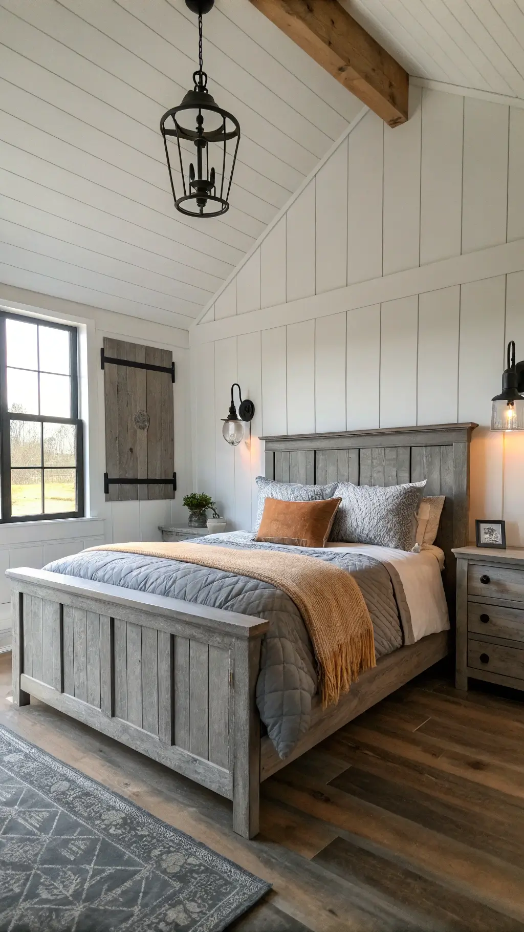 Modern farmhouse bedroom with weathered gray wood bed, warm gray bedding, black iron accents, and wide-plank oak floors in morning light
