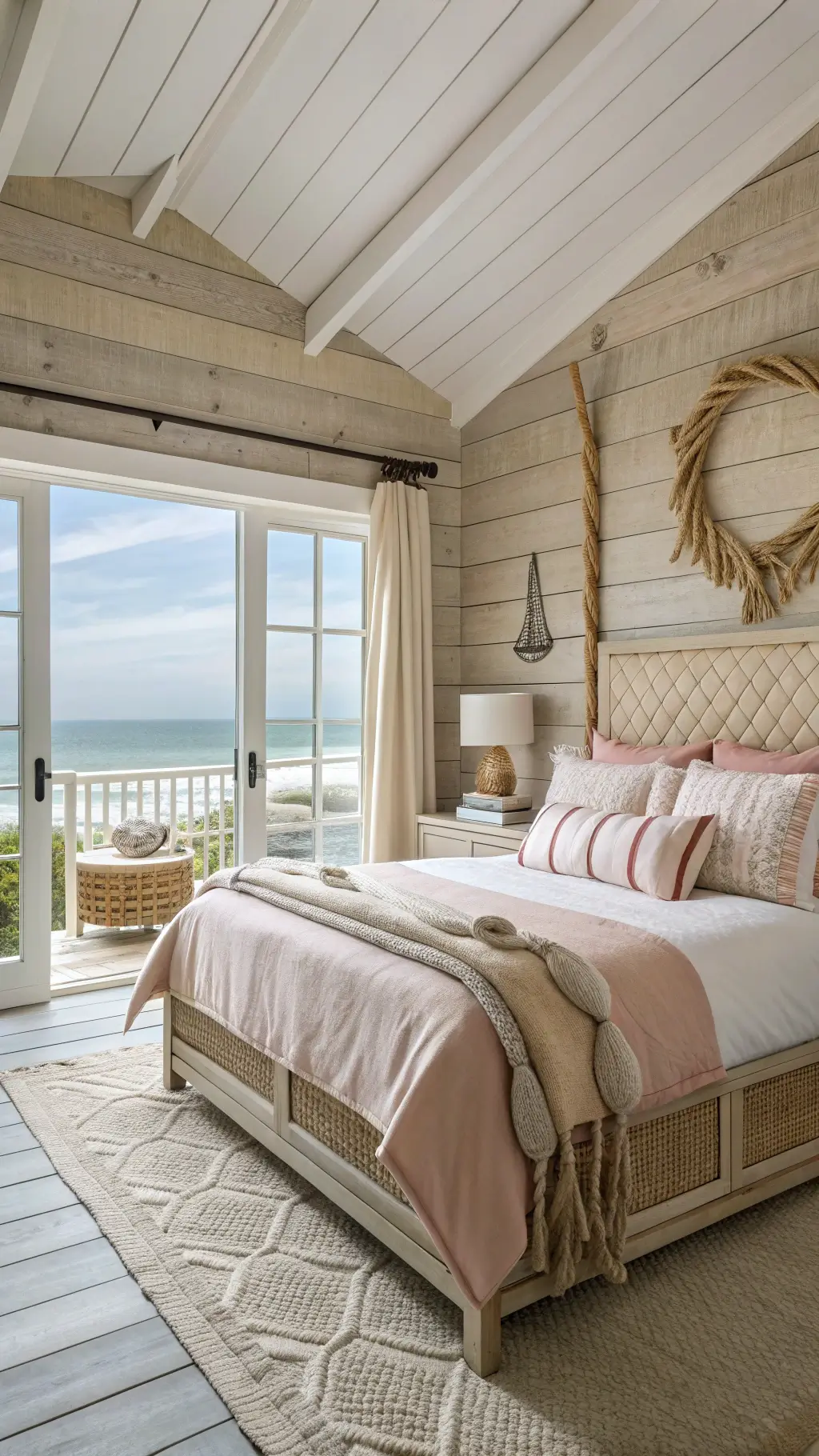 Midday view of a coastal-inspired 15x15ft bedroom with sandy beige slipcovered bed, shell pink to driftwood gray bedding layers, rope accents, weathered wood details, and pale khaki textured grasscloth walls, captured through a wide-angle lens to showcase the ocean view in bright, airy natural lighting.