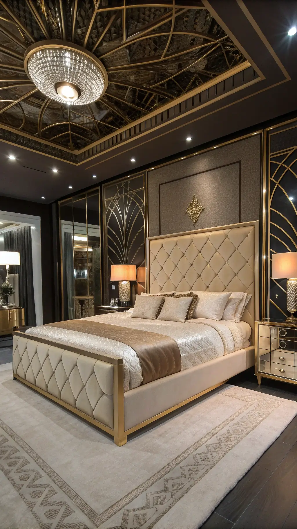 Art deco styled bedroom at night with champagne velvet headboard, metallic accents, pearl to bronze bedding layers
</p></noscript>
<div class=