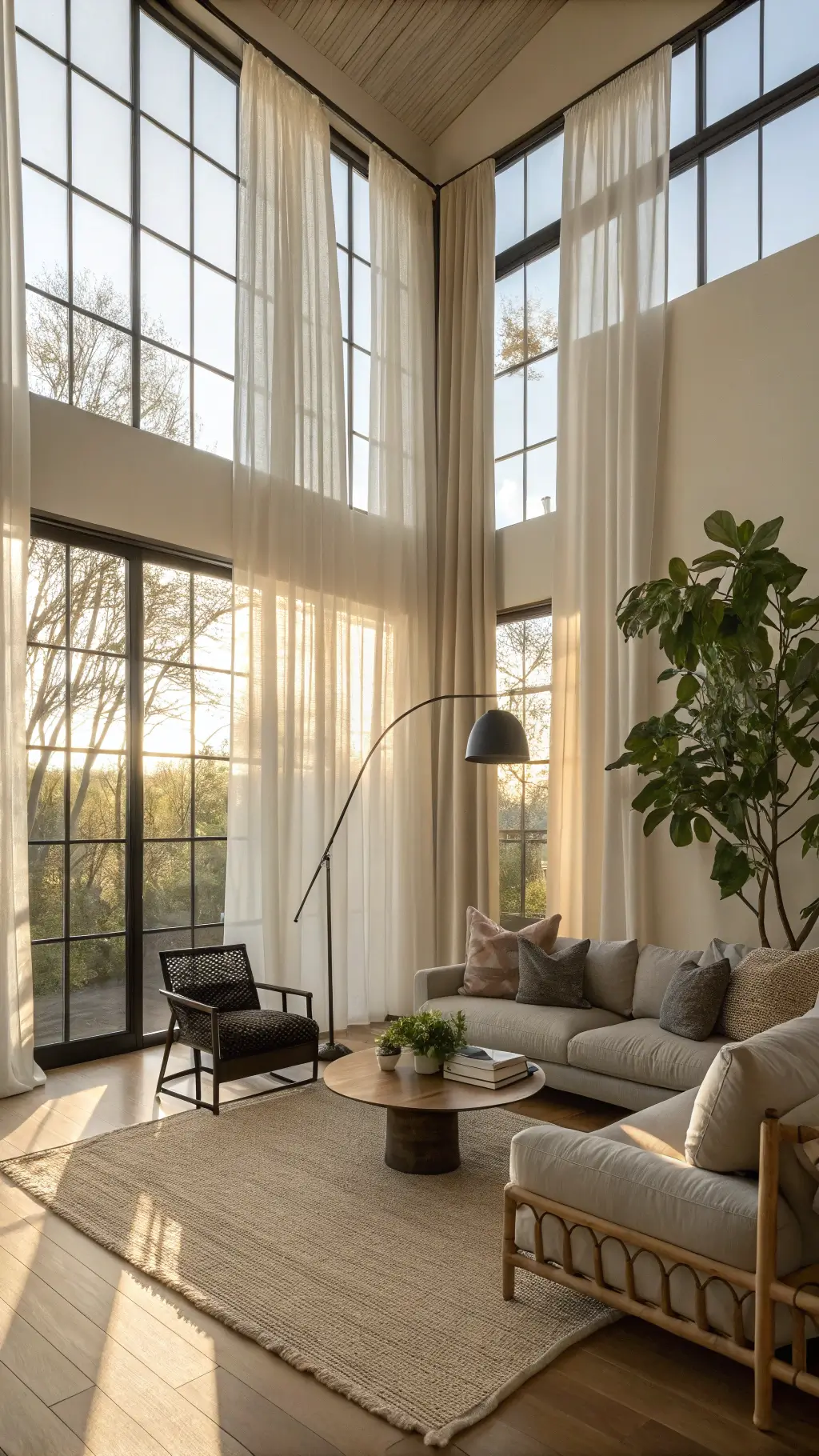 Sunlit living room with high ceilings, floor-to-ceiling windows, minimalist furniture including oak platform sofa, bamboo chair, and stone coffee table, with a potted fiddle leaf fig and a cream wool rug on a beige backdrop.