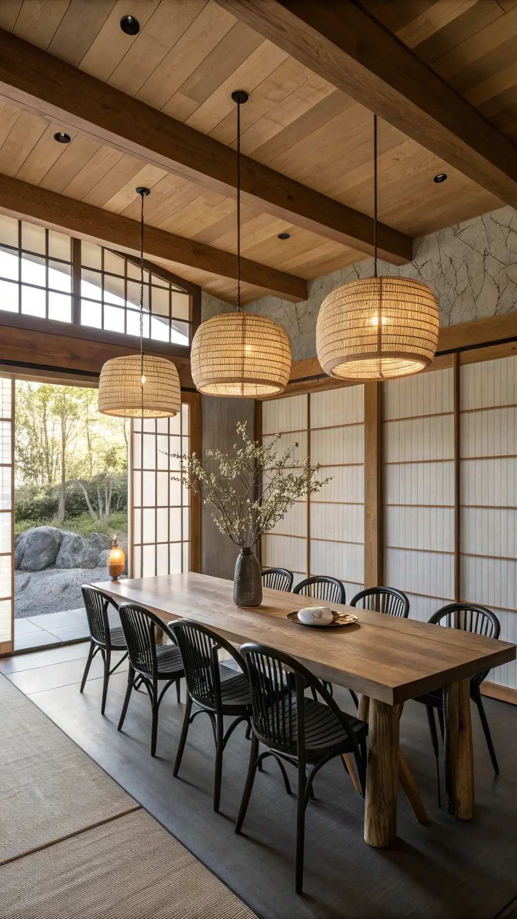 Corner view of a serene 15x18ft dining space featuring wooden beams, ash table, black chairs, ceramic pendant lights, and rice paper screens allowing soft morning light.