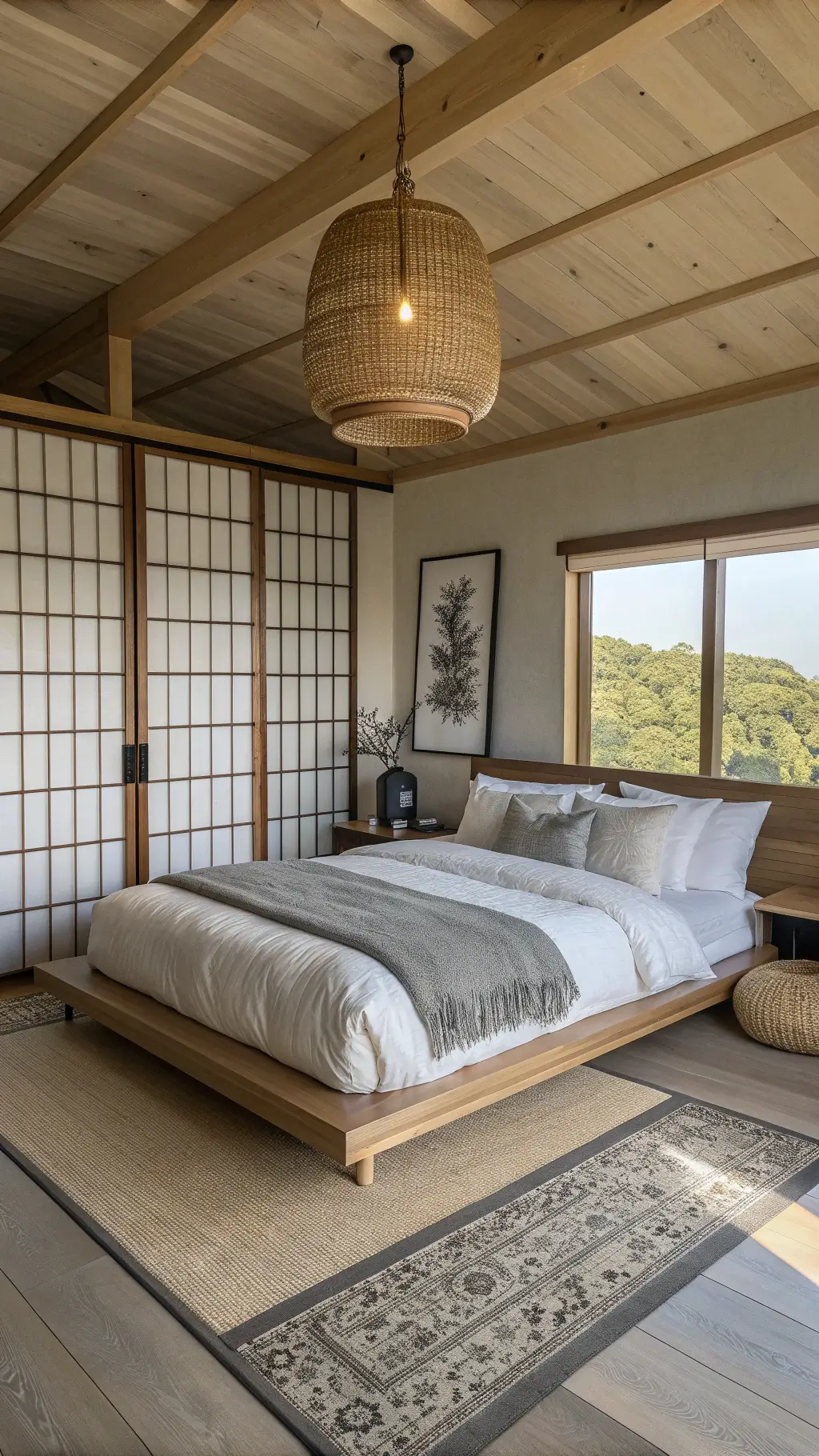 Master bedroom with built-in platform bed, minimalist side tables, woven bamboo pendant light, natural jute rug, and sliding shoji screens, all bathed in soft dawn light