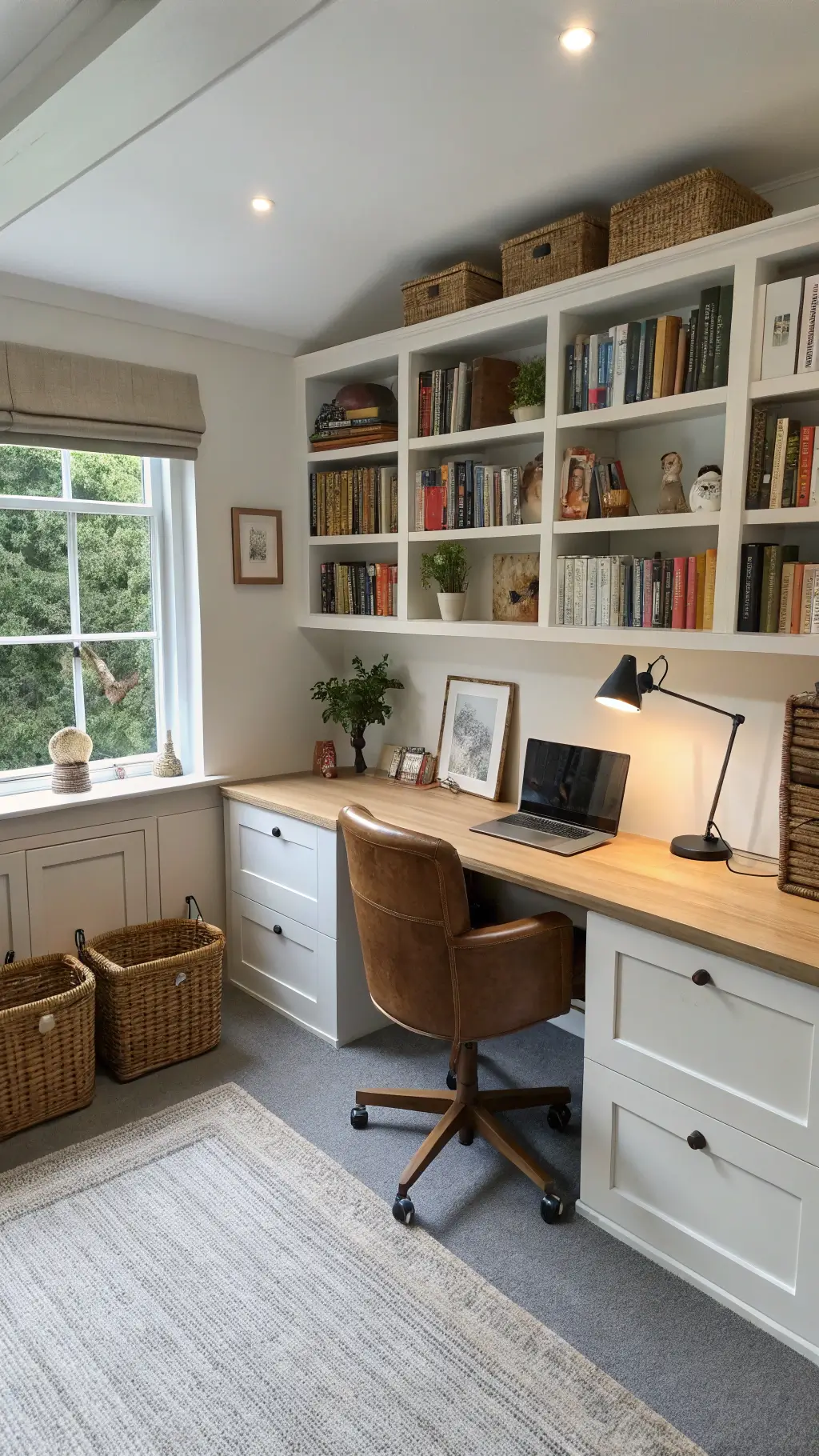 Bird's eye view of a well-organized 12x14ft home office with floor-to-ceiling bookshelves, a light oak floating desk, natural leather ergonomic chair, ceramic desk lamp, woven basket storage, and dove gray wool carpet under balanced afternoon light.