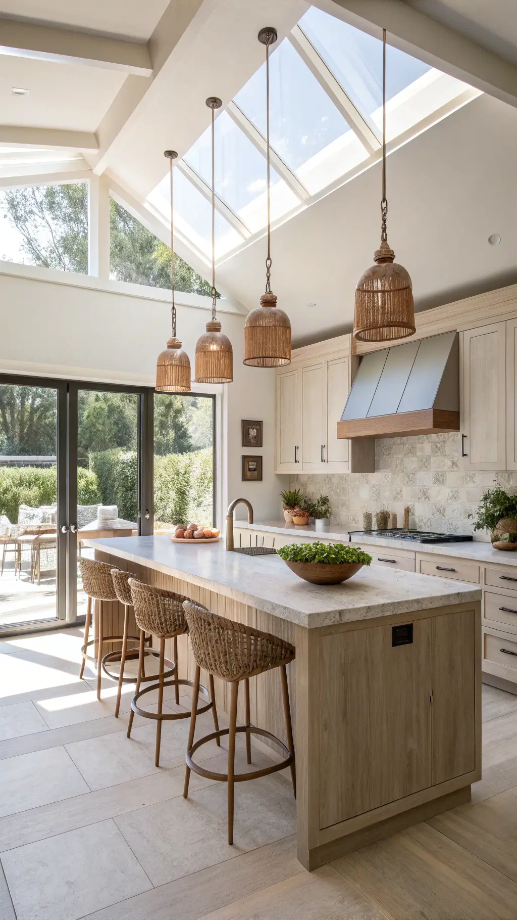 Spacious 18x22ft kitchen with a waterfall island, pale ash wood handleless cabinets, honed granite countertops, copper pendant lights, and woven bar stools. Decorated with asymmetrically grouped ceramic vessels under diffused skylight from clerestory windows.