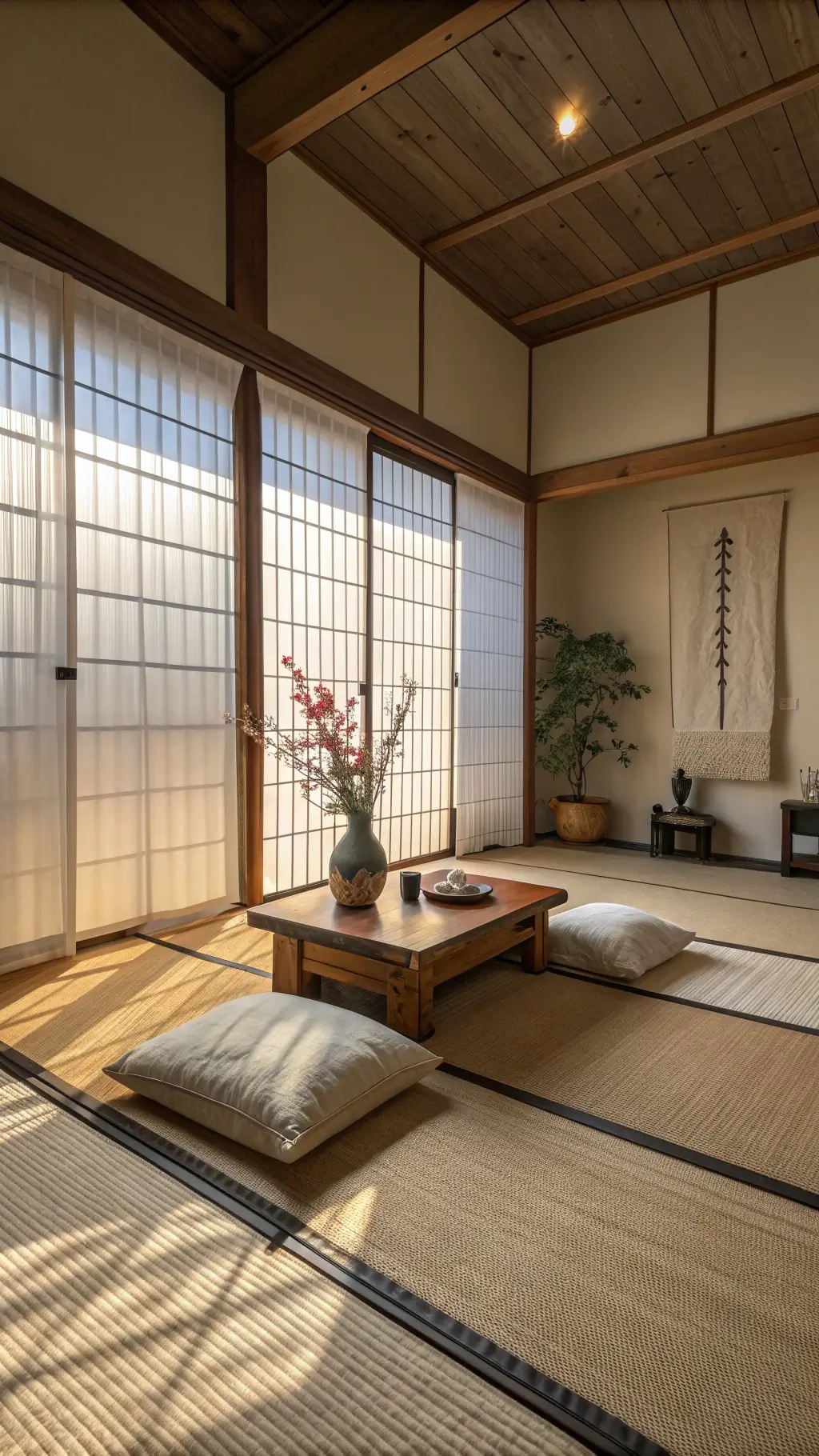 Meditation room with tatami flooring, wooden bench, natural linen cushions, ikebana arrangement, raw silk wall hanging, and stone incense holder bathed in soft early morning light, creating a spiritual and contemplative atmosphere.