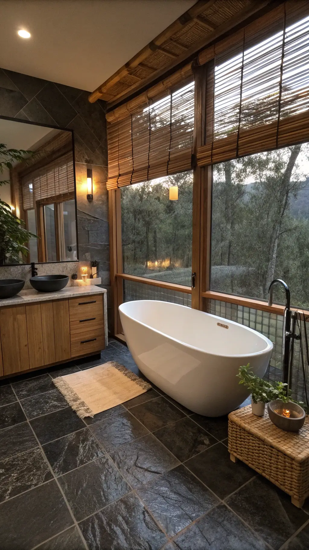 Soothing spa-like bathroom with black stone flooring, teak floating vanity, natural stone vessel sink, handmade ceramic accessories, and a freestanding soaking tub. The room is lit by dusk light filtering through frosted glass and accented with woven bamboo blinds, providing a moody, restorative ambiance.