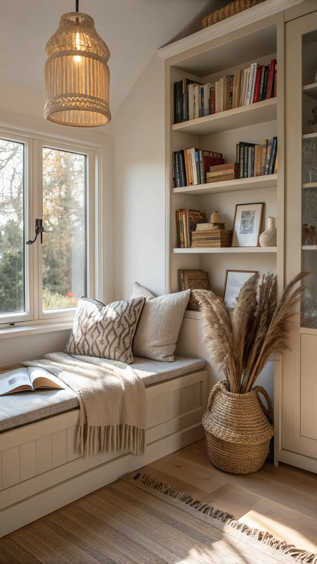 Cozy 8x8ft reading nook with built-in bench, custom linen cushions, pale oak floating shelves, ceramic vase with dried pampas grass and paper pendant light, bathed in warm late afternoon light.