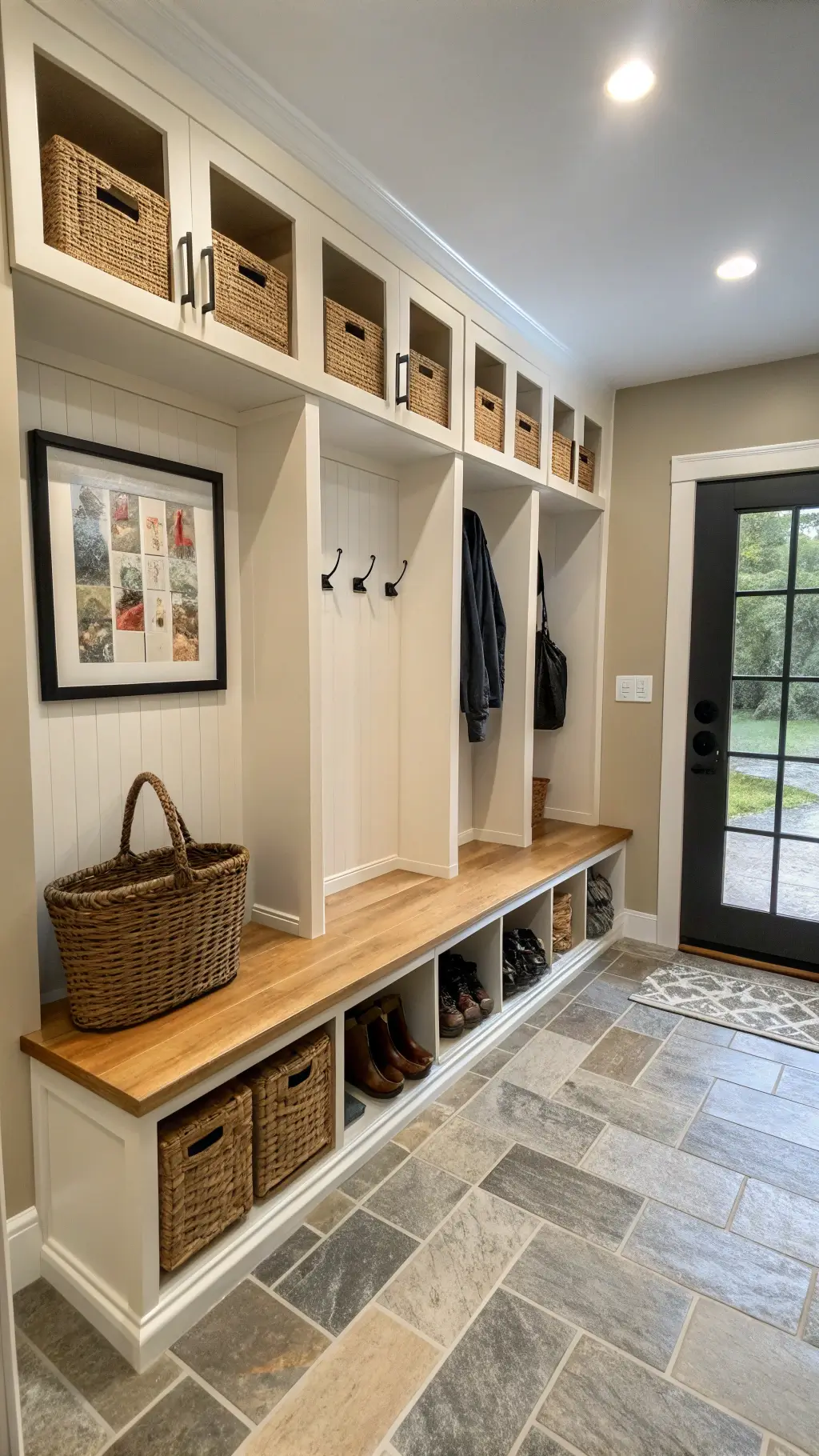 Welcoming 6x10ft entryway with natural light from skylights, featuring floating shoe storage, light wood built-in bench, black metal coat hooks, woven basket storage, stone tile flooring, minimal artwork in black frame, and even overhead lighting.