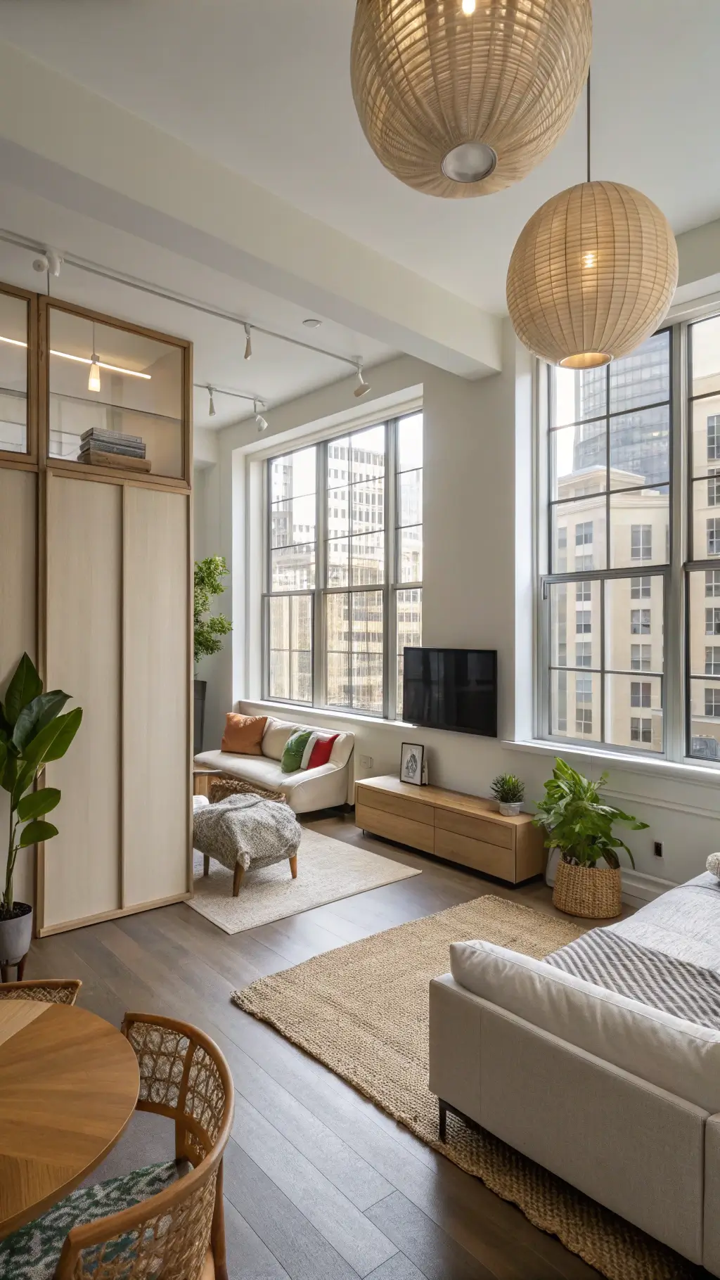 Panoramic view of a bright, efficiently planned 400sq ft studio apartment with multifunctional zones, featuring a Murphy bed in pale oak, modular seating, sliding paper screens for division, ceramic pendant lights, and natural fiber rug. Tall windows allow midday light to illuminate the space.