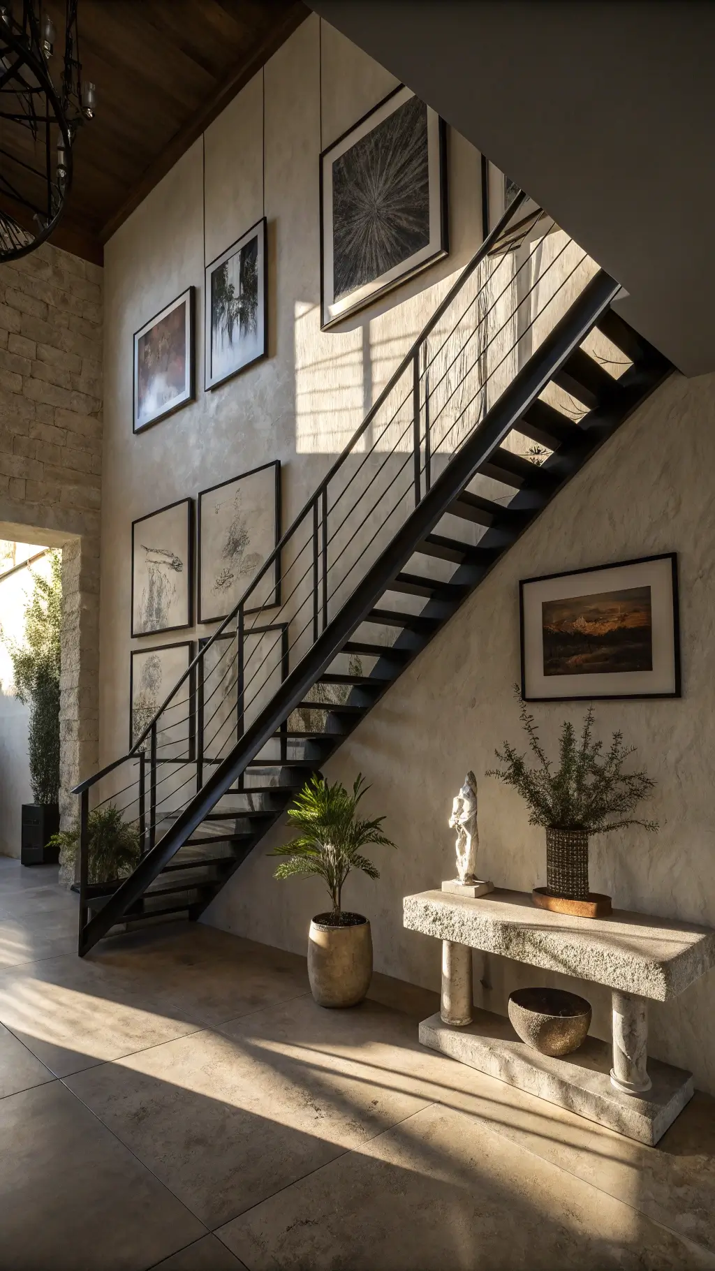 Dramatic view from below of a 14ft gallery wall with minimalist artwork in natural frames, black metal floating staircase, textured plaster walls, stone console table and a single sculptural plant, bathed in afternoon light casting sophisticated shadows.
