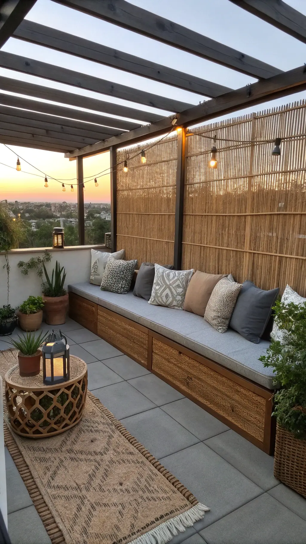Balcony with built-in seating, bamboo in concrete planters, teak bench with weather-resistant cushions, under a pergola in sunset lighting. Decorated with ceramic lanterns, natural fiber outdoor rug and woven privacy screens, creating a peaceful outdoor-living mood.