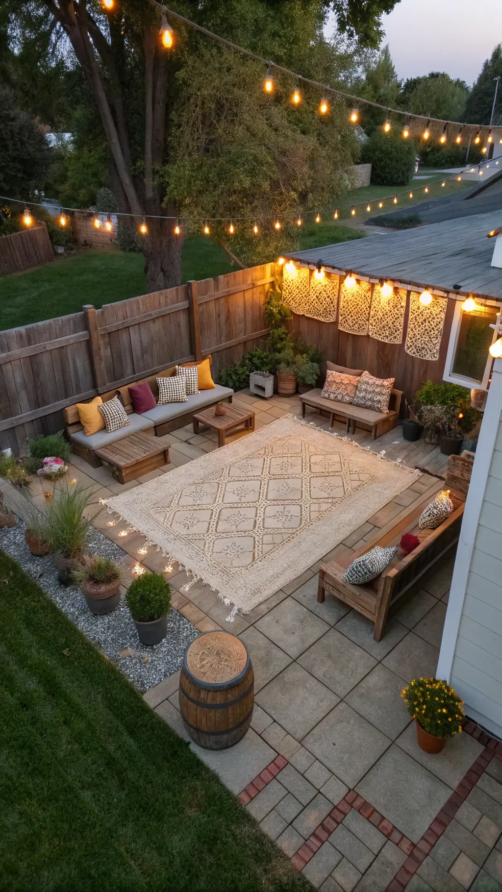 Bird's eye view of a 20x20ft patio at twilight with a central jute rug, DIY concrete block benches with rust and ochre cushions, solar-powered path lights, and wine barrel planters at the corners.