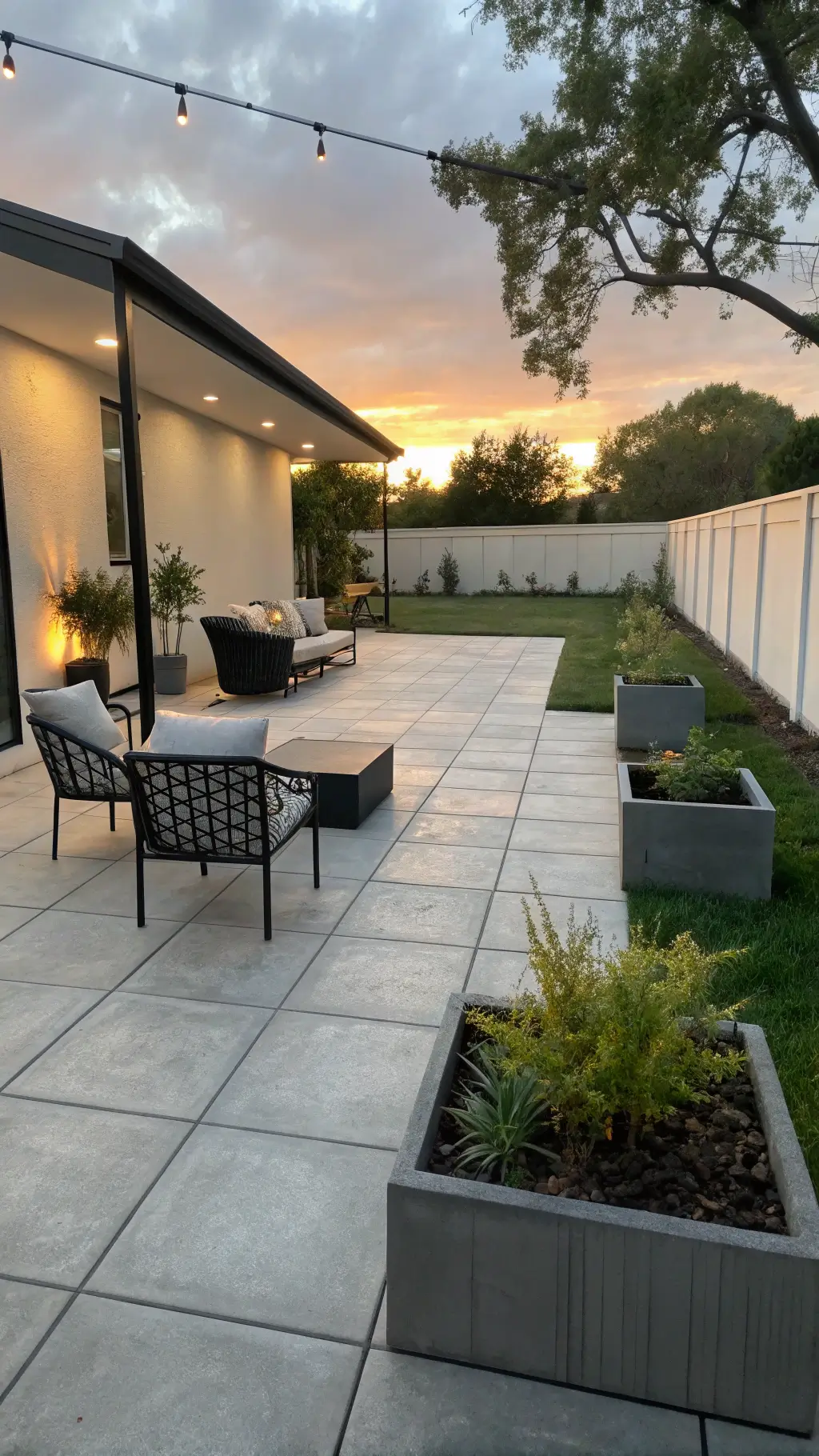Minimalist 15x15ft patio at sunset with gray concrete flooring, black geometric planters, metal chairs with neutral cushions, and DIY coffee table, accentuated by strategic uplighting.