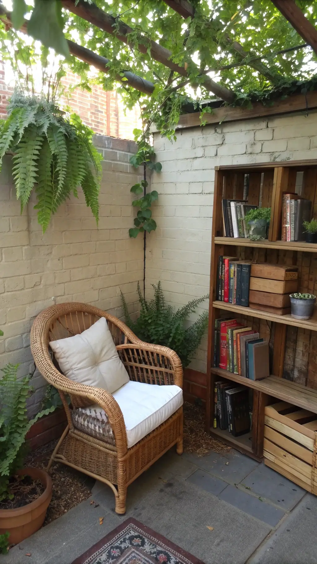 Vintage wicker chair in a cozy 10x12ft reading nook with bookshelf made from wooden crates, surrounded by potted ferns and climbing jasmine, lit by soft morning light.