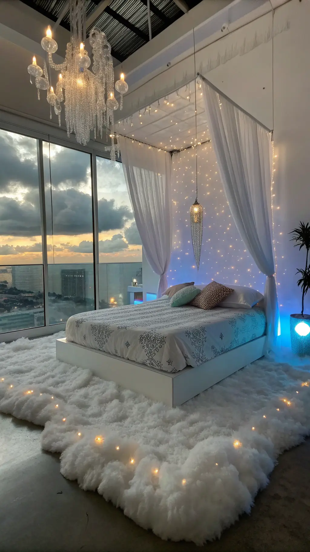 Dreamlike cloud-themed bedroom bathed in diffused morning light with floating platform bed, pearl-white bedding with iridescent accents, crystal raindrops suspended from ceiling, and mirrors creating illusion of sky.