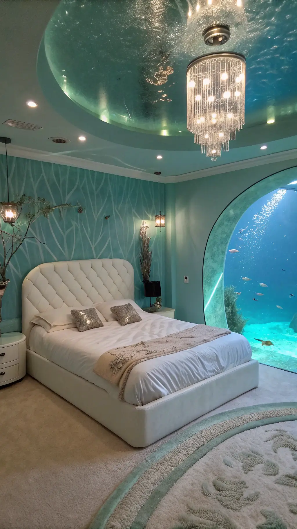 Overhead view of an underwater themed 14x14ft bedroom, featuring aqua ombré walls, a pearlescent white wave-shaped bed with fiber optics, glass bubble lights, mirror mosaic details, seafoam green silk sheets, and marine art installations in a serene, aquatic atmosphere.