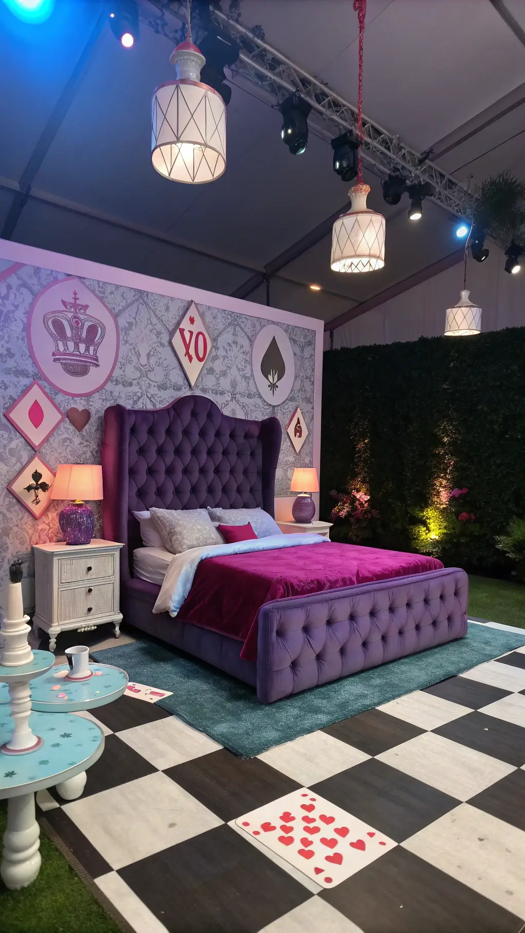Whimsical Alice in Wonderland inspired 15x15ft bedroom with mismatched vintage furniture, chess pattern floor, playing card art, teapot light fixtures, and oversized purple velvet tufted headboard, shot from a tilted angle with theatrical colored lighting.